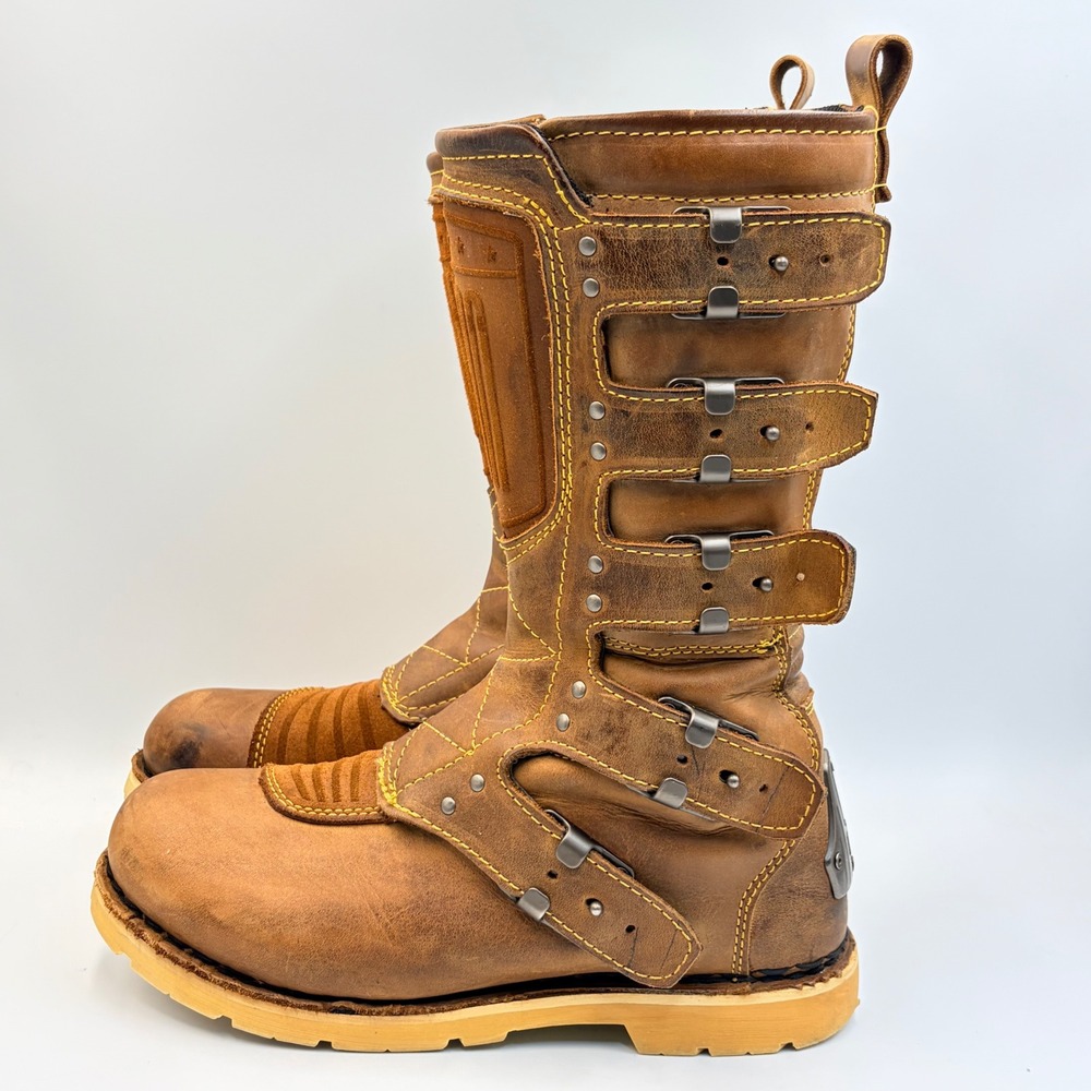 Icon 1000 Elsinore Mens 8.5 Brown Leather Motorcycle Boots Buckle Rugged Biker - Picture 2 of 16